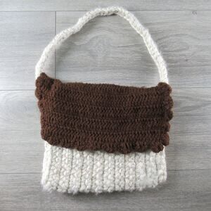 Hand Cable Knit Handbag Women Ivory Brown Messenger Shoulder Bag Scallop Edge